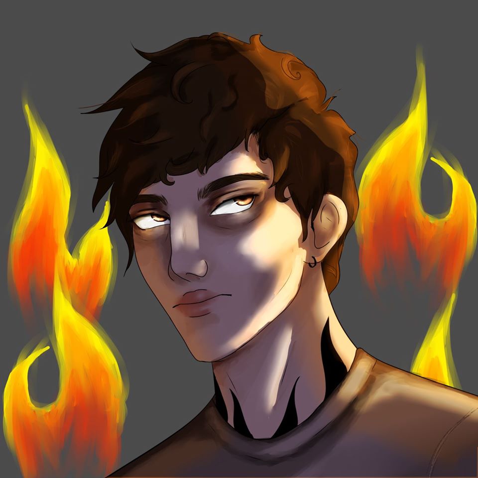A draing of a man with short wavy brown hair and orange eyes, with fire in the background.